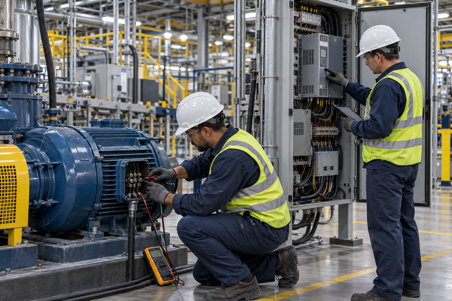 Electricians servicing a factory motor and control cabinet